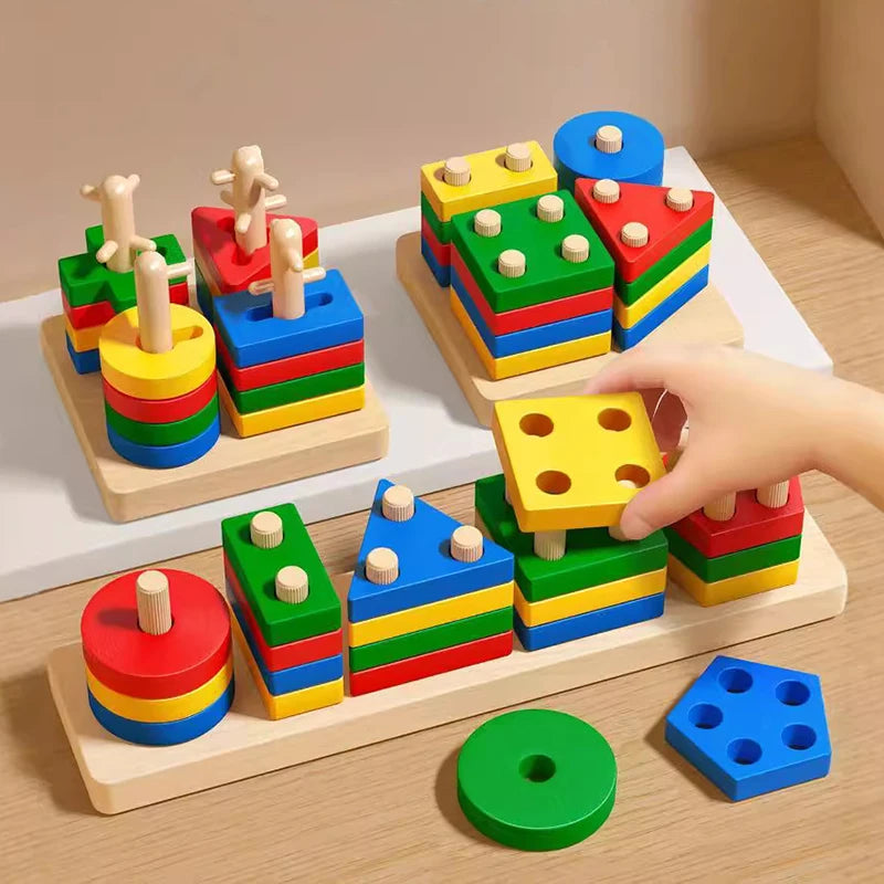 Blocos de construção de madeira para aprendizagem precoce, brinquedos educativos, quebra-cabeças para crianças, combinação de cores e formas, para meninos e meninas